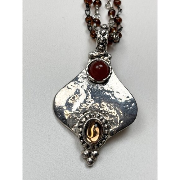 Handcrafted Sterling Silver Pendant Necklace With Amber Bead Chain & Carnelian G - Picture 5 of 7